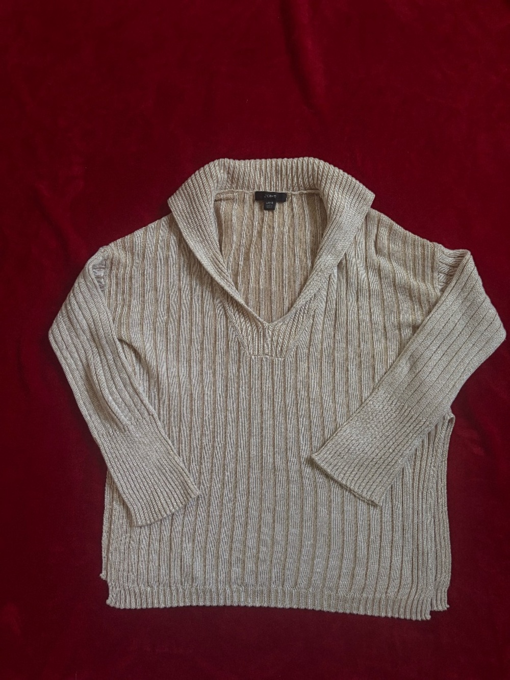 J.Crew Beige Cream Ribbed V-Neck Shawl Collar Oversized Knit Sweater XS/S